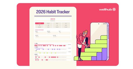Illustration of a 2026 habit tracker by Wellhub, with a calendar interface on the left and a person tying their shoe beside a staircase emerging from a giant smartphone on the right.