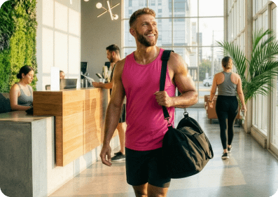 A smiling white man in a pink tank top running on a treadmill in a sunlit gym