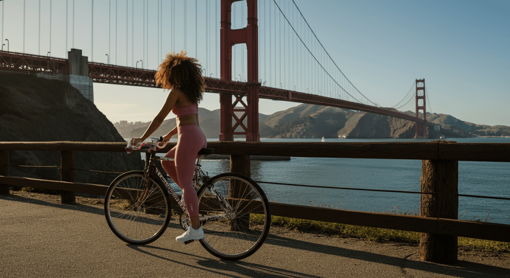 Pessoa de costas apoiada em uma bicicleta em um mirante, com vista para a ponte Golden Gate ao fundo, usando roupa esportiva rosa, com o mar e colinas ao redor.