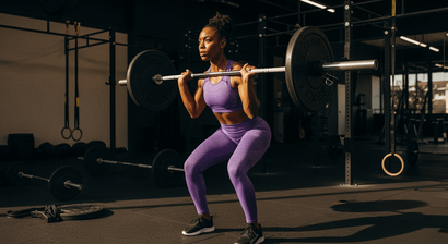 Pessoa realizando agachamento com barra carregada apoiada nos ombros em uma academia, usando conjunto esportivo roxo. Ao fundo, há equipamentos de musculação, barras, anilhas e argolas suspensas.