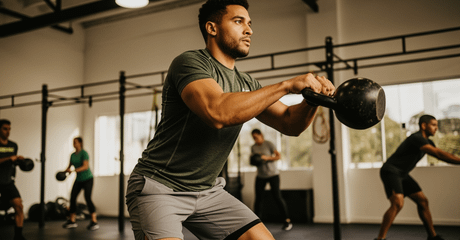 Homem realiza exercício com kettlebell em uma academia, segurando o peso à frente do corpo com os dois braços, enquanto outras pessoas treinam ao fundo.
