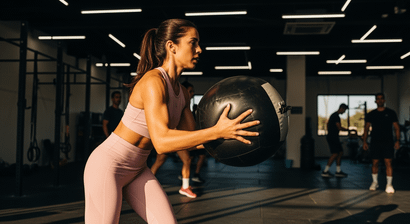 Mulher em roupa esportiva rosa segurando uma bola medicinal grande com ambas as mãos, em posição de exercício dentro de uma academia iluminada, com outras pessoas treinando ao fundo.