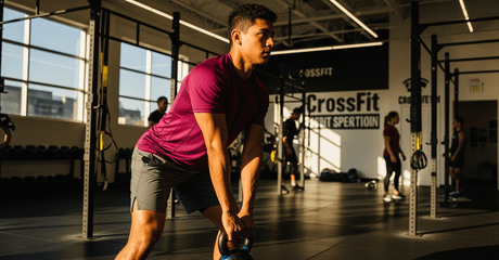 Homem realizando exercício com kettlebell em uma academia de CrossFit iluminada pelo sol, com outras pessoas treinando ao fundo entre estruturas de levantamento.