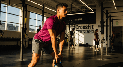 Homem realizando exercício com kettlebell em uma academia de CrossFit iluminada pelo sol, com outras pessoas treinando ao fundo entre estruturas de levantamento.