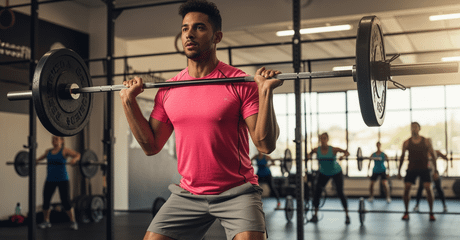 Homem em pé realizando agachamento com barra apoiada nos ombros, usando camiseta rosa e shorts cinza, em uma academia com outras pessoas treinando ao fundo.