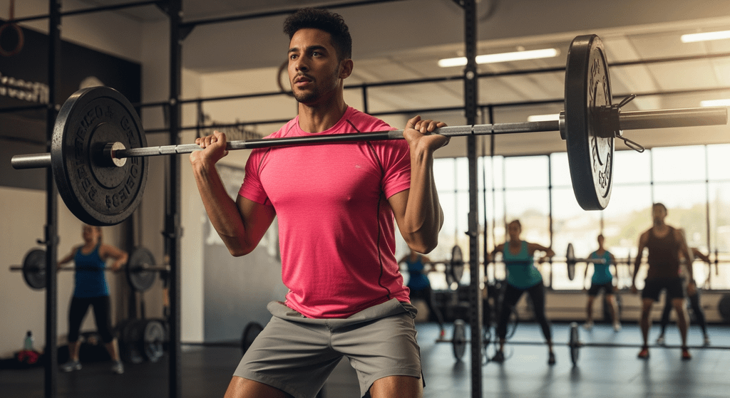 Homem em pé realizando agachamento com barra apoiada nos ombros, usando camiseta rosa e shorts cinza, em uma academia com outras pessoas treinando ao fundo.