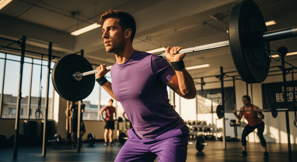 Homem vestindo roupa esportiva roxa realiza agachamento com barra pesada em uma academia. O ambiente é iluminado pela luz do sol, com outras pessoas treinando ao fundo.