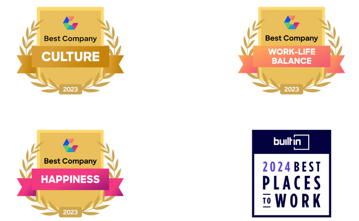 Four workplace awards are shown for Wellhub, featuring a best company award for global culture, happiness, work-life balance, and a Builtin award for best places to work 2024.