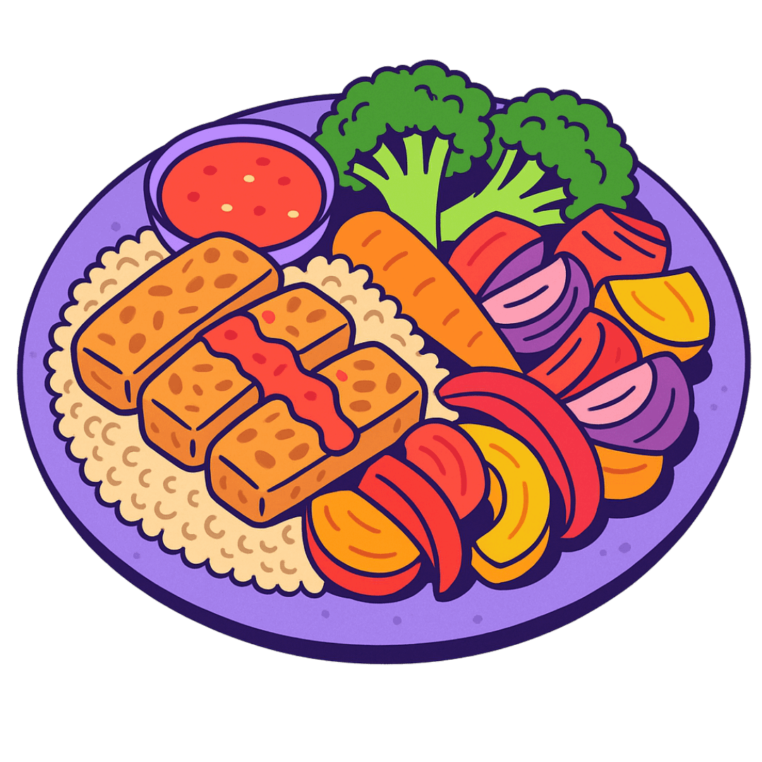 Colorful plate with tofu, rice, broccoli, carrots, peppers, onions, and dipping sauce.