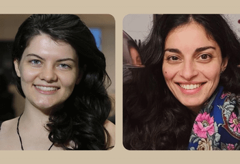 Side-by-side portraits of two smiling women with long, dark wavy hair against a neutral, beige background.