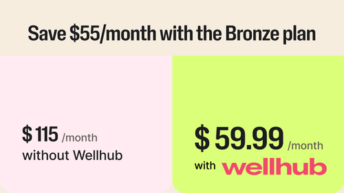 An image that says: Save $55/month with the bronze plan. Pay $115/month without Wellhub, but $59.99/month with Wellhub.