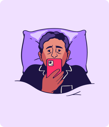 An illustration of person in bed is looking stressed while looking at their phone.