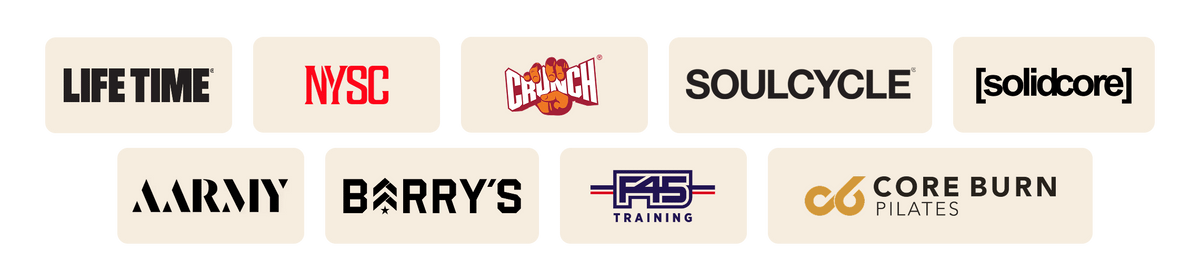 An image with top partners logos: Life Time, NYSC, Crunch, Soulcycle, Solidcore, AARMY, Barry's, F45 and Core Burn Pilates