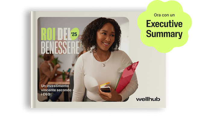 Viene mostrata un’immagine della cover del report “ROI del Benessere 2025”, in cui si specifica che è disponibile anche un breve riepilogo dell’intero report.
