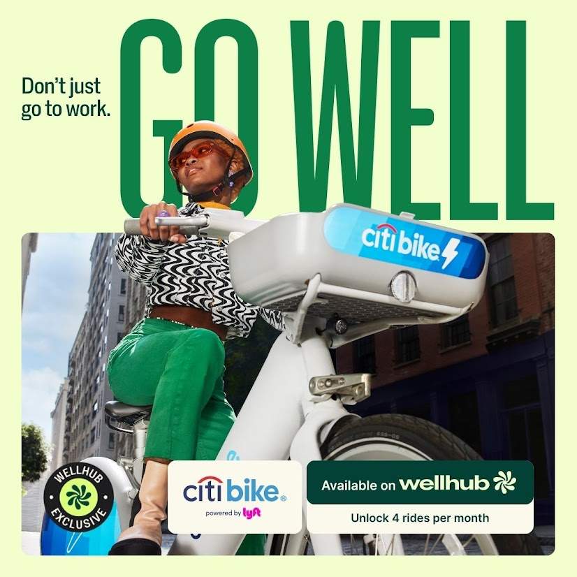 Ilustration: Don’t just go to work. Go Well. Citibike - powered by lyft - available on WELLHUB. Unlock 4 rides per month.