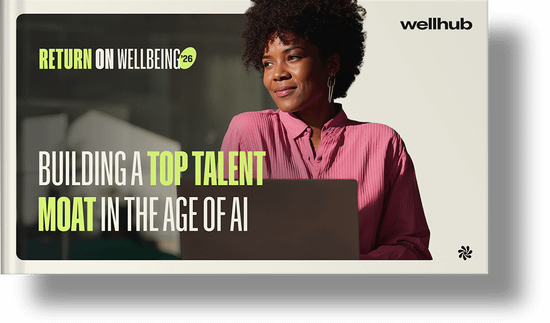 Return on Wellbeing '26: Building a Top Talent Moat in the Age of AI." Features a woman in a pink shirt looking thoughtfully past a laptop, with a lime green badge stating "Executive Summary included".