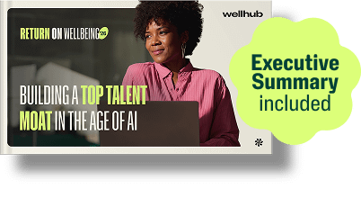 Return on Wellbeing '26: Building a Top Talent Moat in the Age of AI." Features a woman in a pink shirt looking thoughtfully past a laptop, with a lime green badge stating "Executive Summary included".