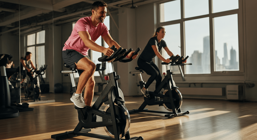 Um homem de camisa rosa e uma mulher exercitam-se felizes em bicicletas ergométricas dentro de um estúdio iluminado pela luz do sol.