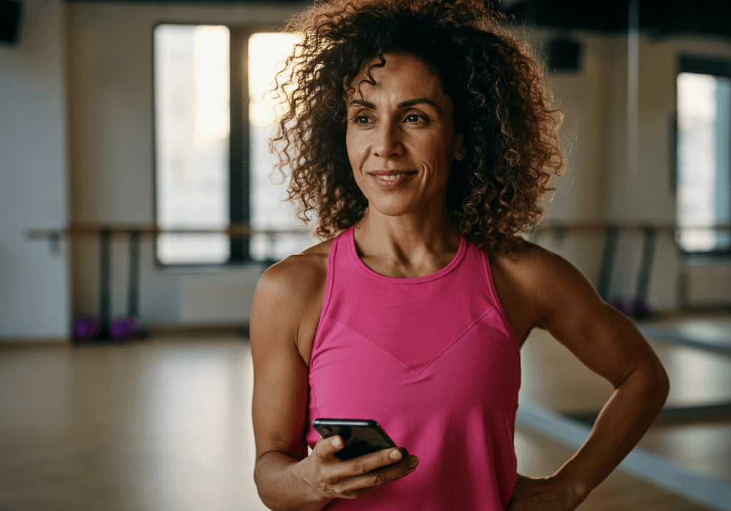 Mulher com cabelo cacheado, vestindo regata rosa, segura um celular enquanto está em um estúdio de exercícios com barras e janelas ao fundo.
