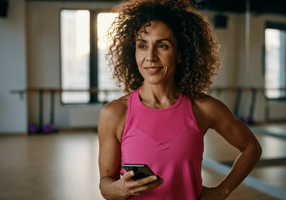Mulher com cabelo cacheado, vestindo regata rosa, segura um celular enquanto está em um estúdio de exercícios com barras e janelas ao fundo.