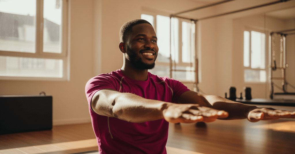 Homem realizando exercício de alongamento com os braços estendidos para a frente em um estúdio bem iluminado, com equipamentos de treino ao fundo.