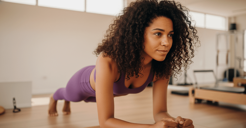 Mulher em roupa esportiva roxa fazendo prancha apoiada nos antebraços em um estúdio de exercícios iluminado, com equipamentos de Pilates desfocados ao fundo.