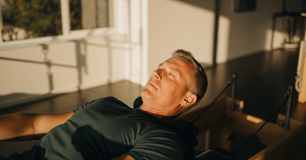 Homem deitado de costas em um equipamento de exercício em um estúdio, com o tronco elevado e os braços estendidos ao longo do corpo. O ambiente é iluminado por luz natural que entra por janelas laterais.