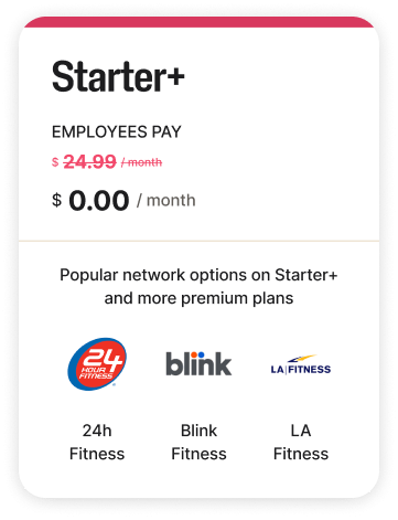 A pricing card is shown with company-funded Starter+ plan looks like with popular wellness options included and the normal price of $24.99 per month now crossed out and made free.