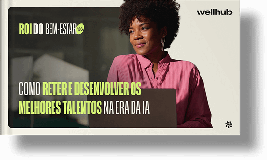 ROI do Bem-Estar 2026: como reter e desenvolver os melhores talentos na era da IA. Destaca uma mulher com uma camisa rosa olhando cuidadosamente para um notebook, com um selo verde que diz “Resumo executivo incluso".