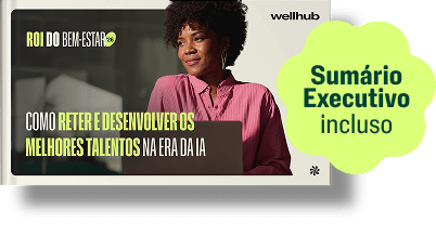 ROI do Bem-Estar 2026: como reter e desenvolver os melhores talentos na era da IA. Destaca uma mulher com uma camisa rosa olhando cuidadosamente para um notebook, com um selo verde que diz “Resumo executivo incluso".