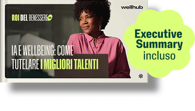 ROI del Benessere 26: IA e wellbeing: come tutelare i migliori talenti". Una donna con una camicia rosa guarda pensierosa oltre un laptop, con un badge verde lime che dice "Executive Summary incluso.