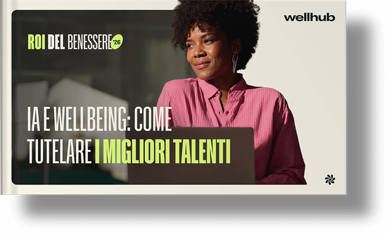 ROI del Benessere 26: IA e wellbeing: come tutelare i migliori talenti". Una donna con una camicia rosa guarda pensierosa oltre un laptop, con un badge verde lime che dice "Executive Summary incluso.