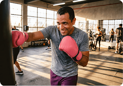 A smiling black man with pink boxing gloves punches a heavy bag in a sunlit brick gym.