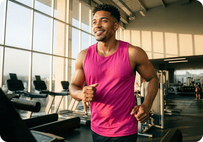 A smiling Black man in a pink tank top running on a treadmill in a sunlit gym