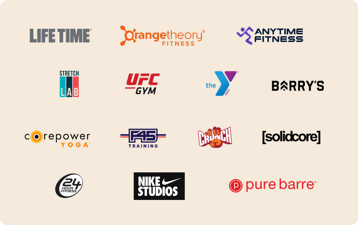 Logos of fitness partners including Life Time, Orangetheory Fitness, Anytime Fitness, UFC Gym, Barry’s, CorePower Yoga, F45 Training, and Pure Barre.