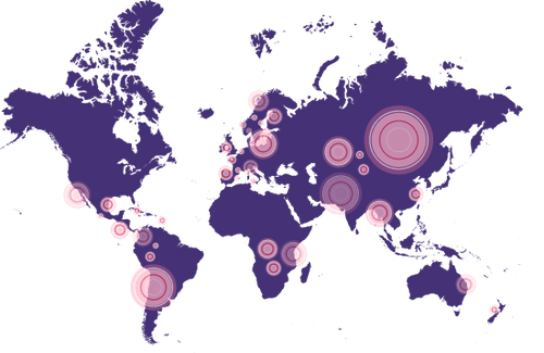 A world map is shown with pins highlighting regions in every continent