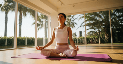 Pessoa sentada em um tapete de yoga em posição de lótus, com olhos fechados e mãos apoiadas nos joelhos, dentro de um estúdio iluminado por janelas amplas que revelam palmeiras do lado de fora.