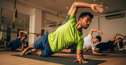 Grupo de pessoas praticando exercício em sala de aula, com um homem em primeiro plano apoiado em um braço em posição lateral sobre o colchonete enquanto os demais seguem o mesmo movimento ao fundo.