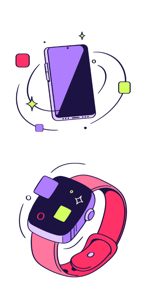 Illustration of a smartphone floating above a smartwatch, with colorful squares and sparkles orbiting them on a dark background, suggesting connected digital wellness technology.