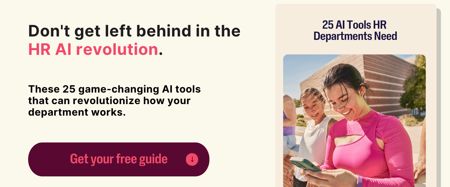 Download banner for for free guide: '25 AI Tools HR Departments Need.' Text urges HR teams to join the AI revolution. Shows woman smiling at phone. Button reads 'Get your free guide.'