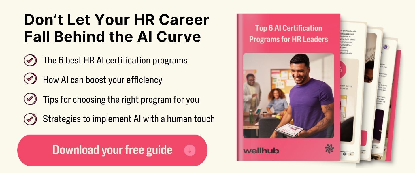 Promotional graphic for a free guide on top 6 AI certification programs for HR leaders, highlighting efficiency boosts, program selection tips, and human-centered AI strategies.
