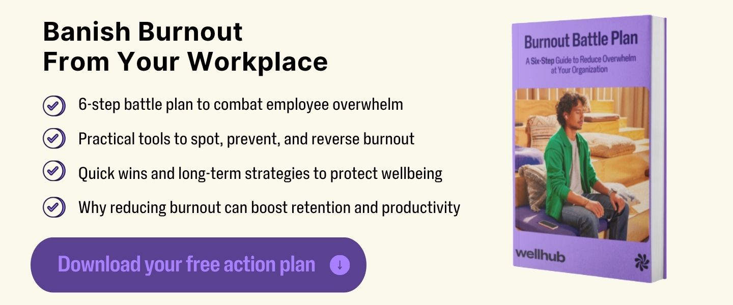 Ad for Wellhub’s “Burnout Battle Plan” featuring a purple booklet image and list of benefits like a 6-step plan, practical burnout tools, and productivity boosts. Purple button says “Download your free action plan.” Ask ChatGPT