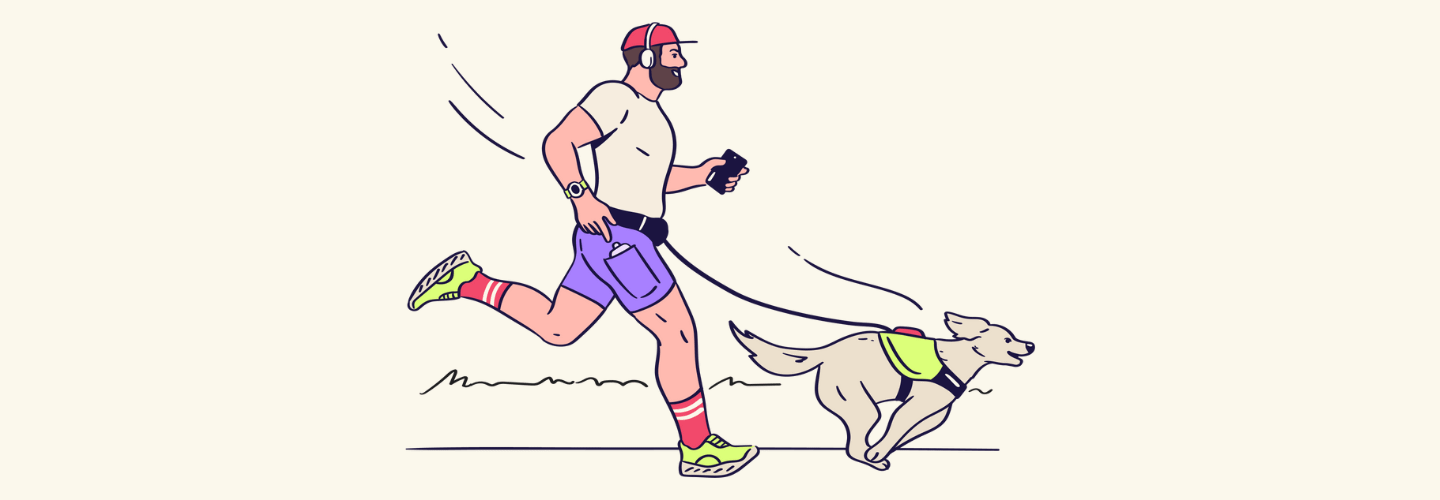 A cartoon of a man wearing shorts, hat, and headphones running outside with his leashed dog.
