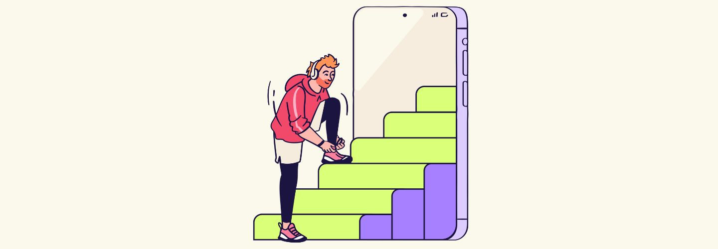 Cartoon person tying shoe on green and purple stairs emerging from a giant smartphone screen.