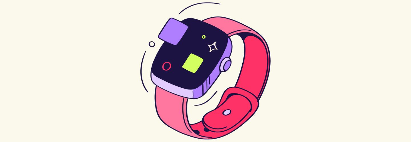 Illustration of a smart fitness watch with a red band and colorful screen, symbolizing health tracking or wellness technology.