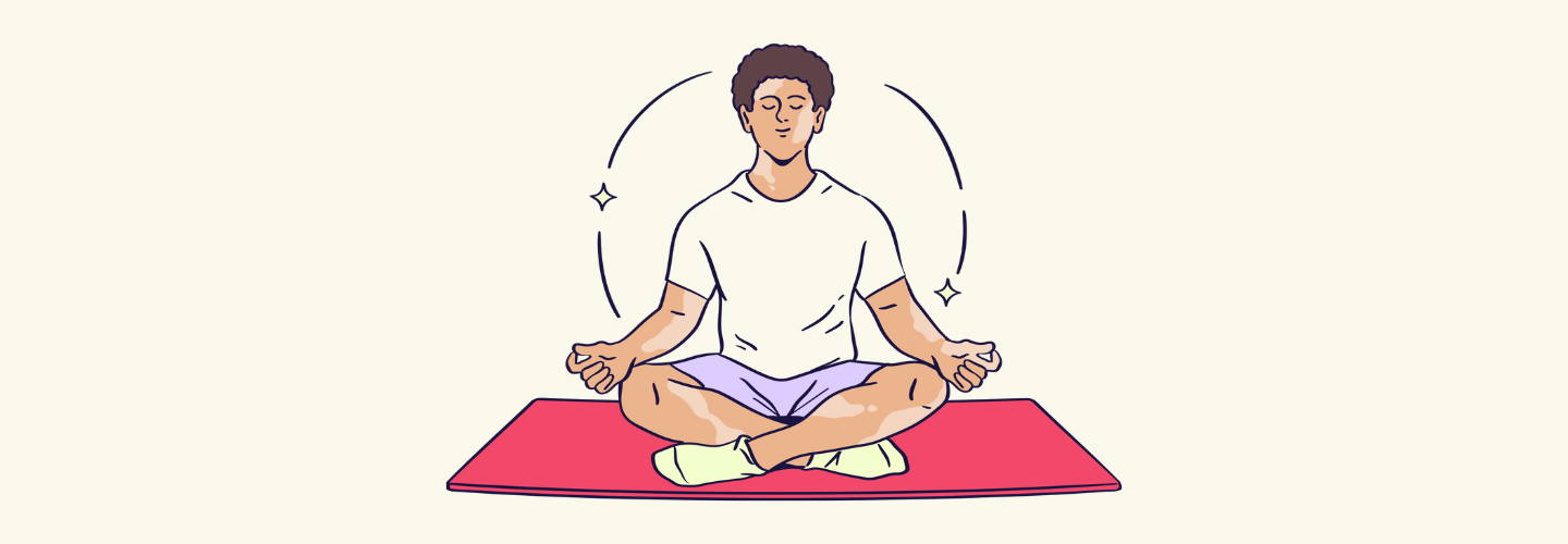 Cartoon of a person with vitiligo meditating cross-legged on a magenta mat with calm expression.