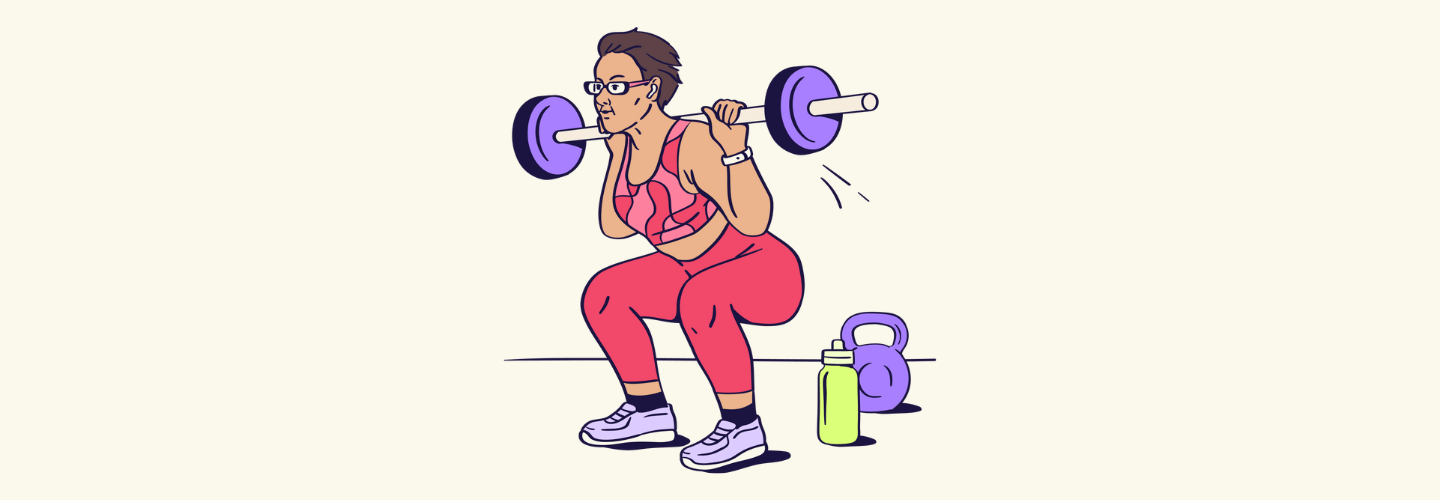 Cartoon woman in athletic wear squatting a barbell, with a kettlebell and water bottle beside her.