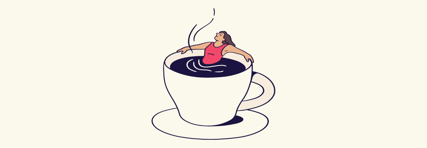 Cartoon woman wearing a red swimsuit lounging in a steaming coffee cup like a hot tub.