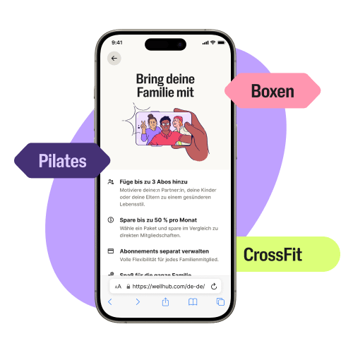 Smartphone showing the Wellhub family plan in german, surrounded by colorful tags for Pilates, Boxe, and CrossFit.