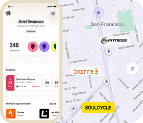 A mobile app interface showing a user profile next to a San Francisco map with fitness studio location pins.